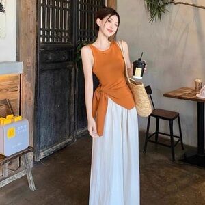 Orange Sleeveless Top with White Maxi Skirt